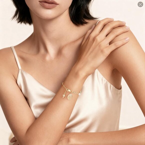 Dainty 14K Gold Plated Rosary Bracelet with Cubic Zirconia Cross for Women - Picture 3 of 6